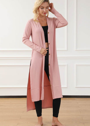 Button Up High-Low Long Sleeve Slit Cardigan - MimiStylez