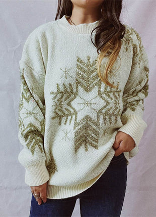 Snowflake Pattern Long Sleeve Sweater - MimiStylez