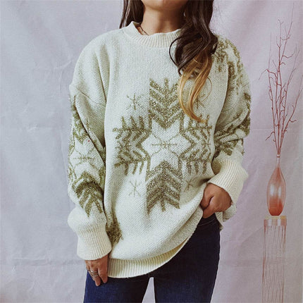 Snowflake Pattern Long Sleeve Sweater - MimiStylez
