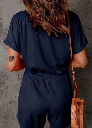 Full Size Drawstring V-Neck Short Sleeve Romper - MimiStylez