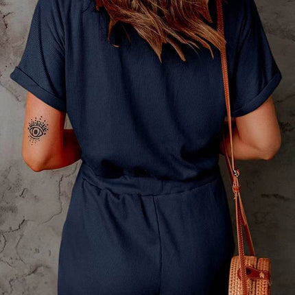 Full Size Drawstring V-Neck Short Sleeve Romper - MimiStylez