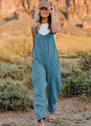 Double Take Full Size V-Neck Sleeveless Jumpsuit with Pockets - MimiStylez