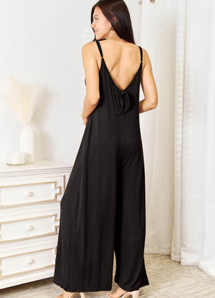 Double Take Full Size Soft Rayon Spaghetti Strap Tied Wide Leg Jumpsuit - MimiStylez