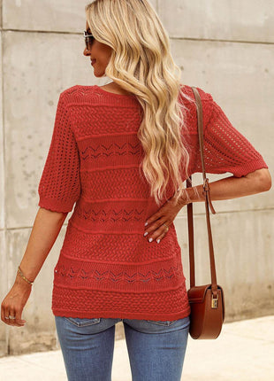 Openwork Round Neck Half Sleeve Knit Top - MimiStylez