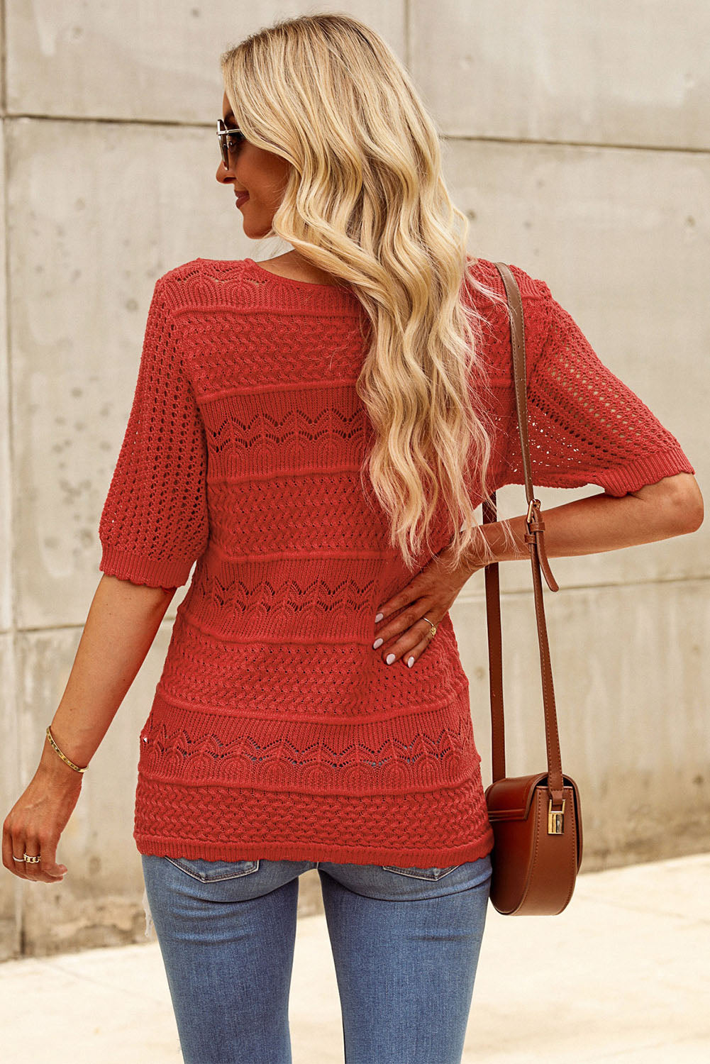 Openwork Round Neck Half Sleeve Knit Top