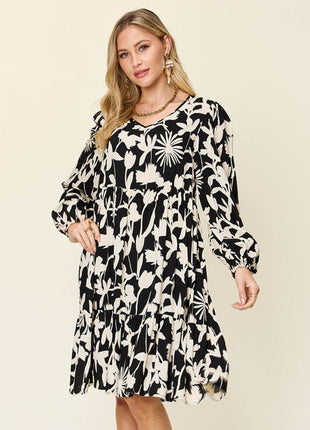 Double Take Full Size Printed Ruffle Hem Dress with Pocket - MimiStylez