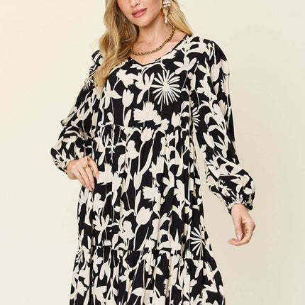 Double Take Full Size Printed Ruffle Hem Dress with Pocket - MimiStylez