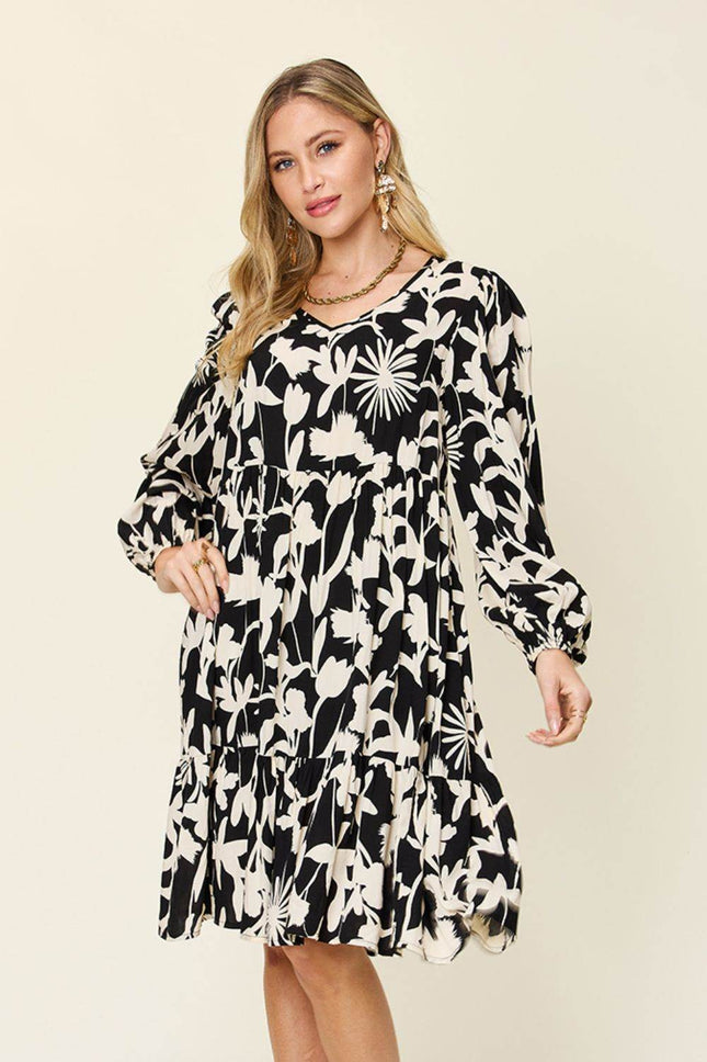 Double Take Full Size Printed Ruffle Hem Dress with Pocket - MimiStylez