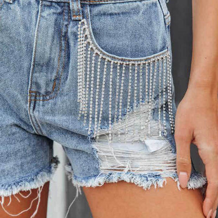Distressed Fringe Denim Shorts with Pockets - MimiStylez