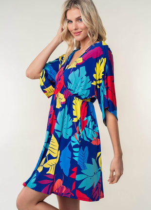 White Birch Full Size Printed V-Neck Mini Dress - MimiStylez