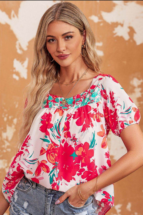 Floral Tie Back Square Neck Blouse - MimiStylez
