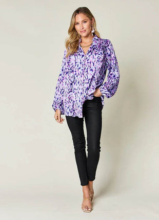 Double Take Full Size Printed Ruffle Trim Balloon Sleeve Shirt - MimiStylez