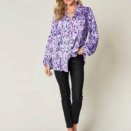 Double Take Full Size Printed Ruffle Trim Balloon Sleeve Shirt - MimiStylez