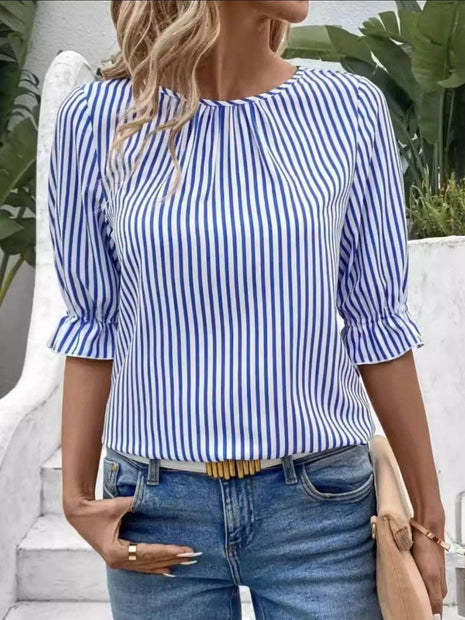 Striped Round Neck Half Sleeve Casual Blouse - MimiStylez