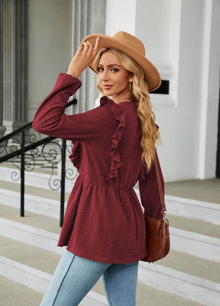 Round Neck Ruffled Peplum Blouse - MimiStylez