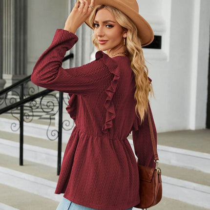 Round Neck Ruffled Peplum Blouse - MimiStylez