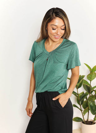 Double Take Ruched V-Neck Short Sleeve T-Shirt - MimiStylez