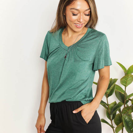 Double Take Ruched V-Neck Short Sleeve T-Shirt - MimiStylez