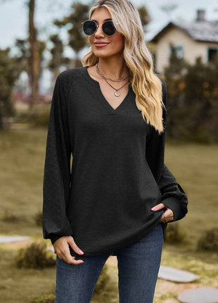 Notched Neck Raglan Sleeve Blouse - MimiStylez