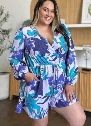 Double Take Full Size Floral Long Sleeve Romper with Pockets - MimiStylez