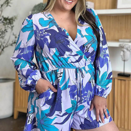 Double Take Full Size Floral Long Sleeve Romper with Pockets - MimiStylez