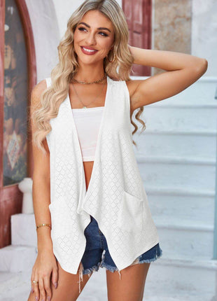 Eyelet Open Front Sleeveless Cardigan - MimiStylez