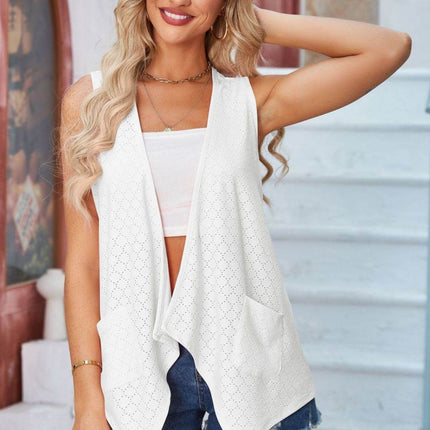 Eyelet Open Front Sleeveless Cardigan - MimiStylez