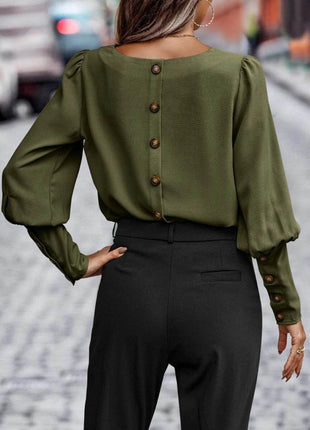 Round Neck Lantern Sleeve Blouse - MimiStylez