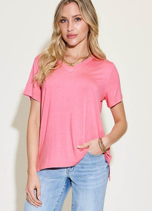Basic Bae Full Size V-Neck High-Low T-Shirt - MimiStylez