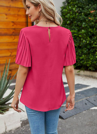 Pleated Flutter Sleeve Round Neck Blouse - MimiStylez