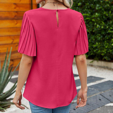 Pleated Flutter Sleeve Round Neck Blouse - MimiStylez