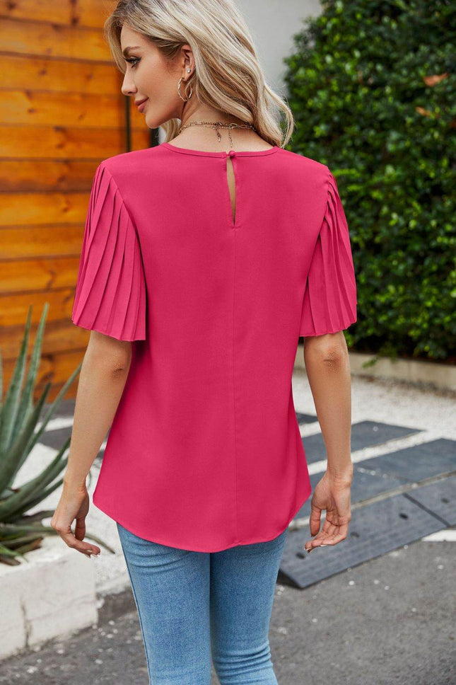 Pleated Flutter Sleeve Round Neck Blouse - MimiStylez