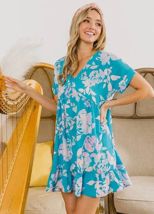 BiBi Floral Crinkle Shirred Ruffle Detail V Neck Dress - MimiStylez