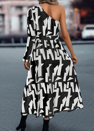Printed One-Shoulder Tie Waist Dress - MimiStylez