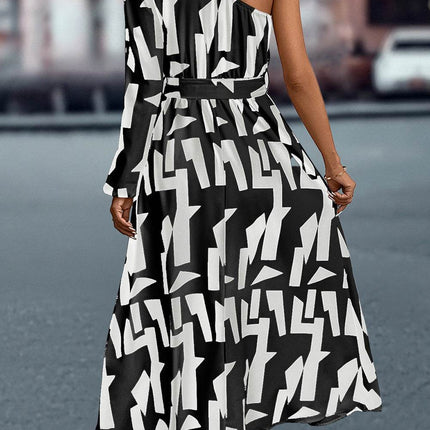 Printed One-Shoulder Tie Waist Dress - MimiStylez