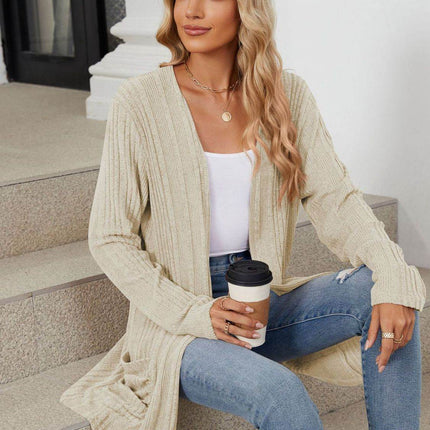 Pocketed Open Front Long Sleeve Cardigan - MimiStylez