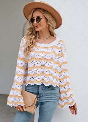 Round Neck Openwork Flare Sleeve Knit Top - MimiStylez