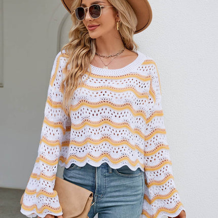 Round Neck Openwork Flare Sleeve Knit Top - MimiStylez