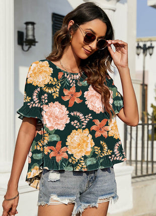 Floral Ruffled Flounce Sleeve Blouse - MimiStylez