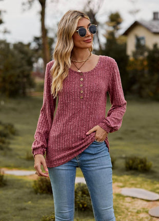 Round Neck Button-Down Long Sleeve Tee - MimiStylez