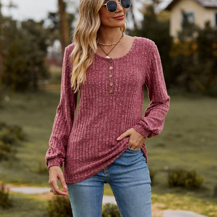 Round Neck Button-Down Long Sleeve Tee - MimiStylez