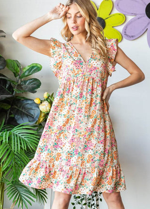 Heimish Full Size Floral Ruffled V-Neck Dress - MimiStylez