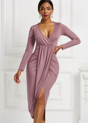 High-low Ruched Surplice Long Sleeve Dress - MimiStylez