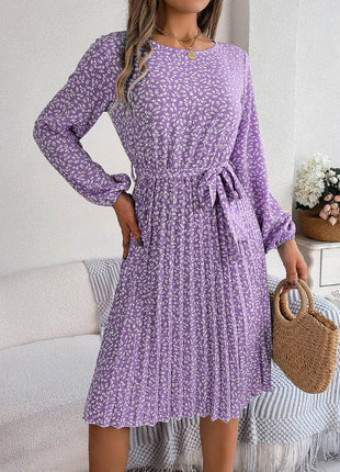 Ditsy Floral Tie Waist Pleated Dress - MimiStylez