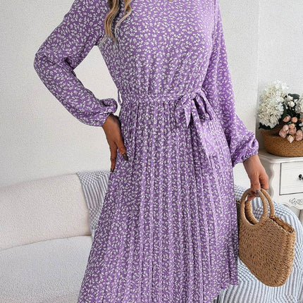 Ditsy Floral Tie Waist Pleated Dress - MimiStylez