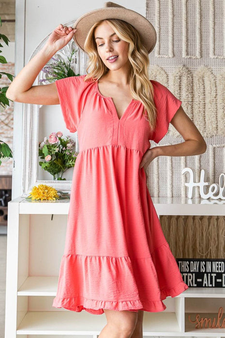 Reborn J Ruffled Notched Cap Sleeve Dress - MimiStylez