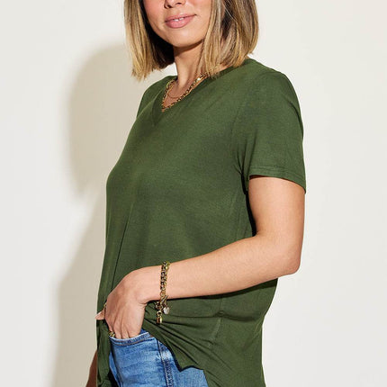 Basic Bae Full Size V-Neck High-Low T-Shirt - MimiStylez