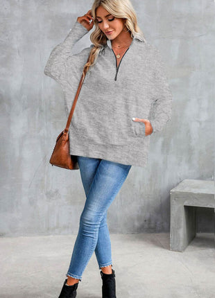 Half Zip Pocketed Dropped Shoulder Sweatshirt - MimiStylez