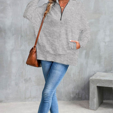 Half Zip Pocketed Dropped Shoulder Sweatshirt - MimiStylez