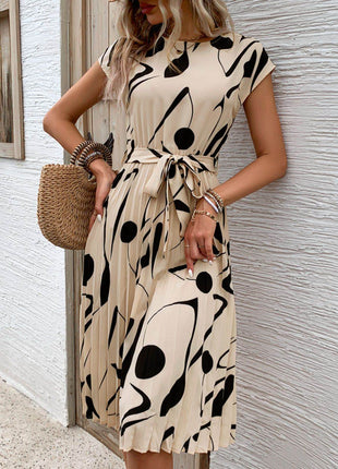 Tied Pleated Printed Cap Sleeve Dress - MimiStylez
